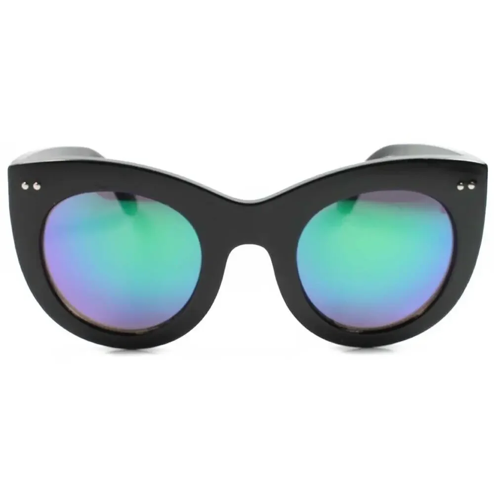 Womens Oversized Round Sunglasses Black Frame Green Mirrored Lens